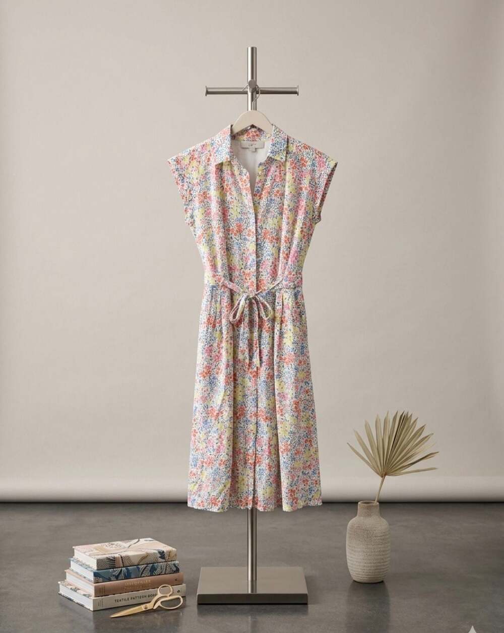 LOFT Floral Print Midi Pocket Shirtdress with Tie Front